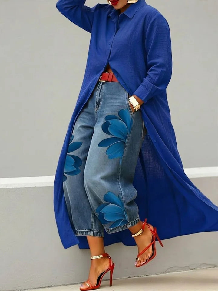Maud | Linen Shirt Dress & Floral Jeans Set