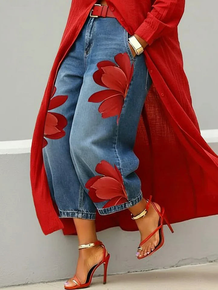 Maud | Linen Shirt Dress & Floral Jeans Set