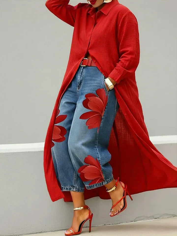 Maud | Linen Shirt Dress & Floral Jeans Set