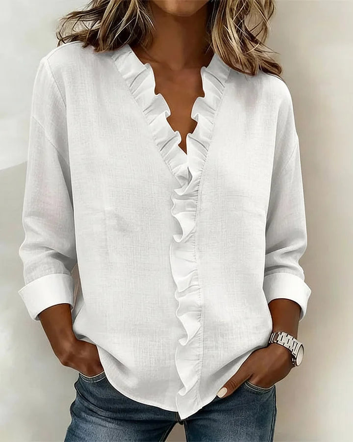 Charlotte – Ruffle V-Neck Blouse with Long Sleeves