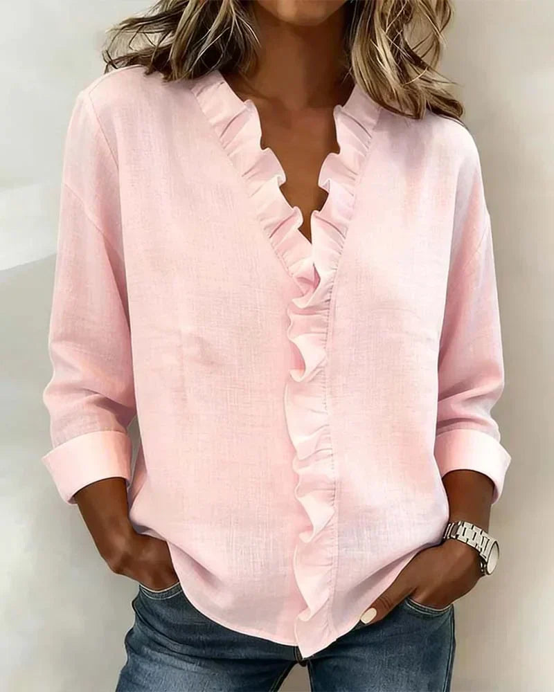 Charlotte – Ruffle V-Neck Blouse with Long Sleeves