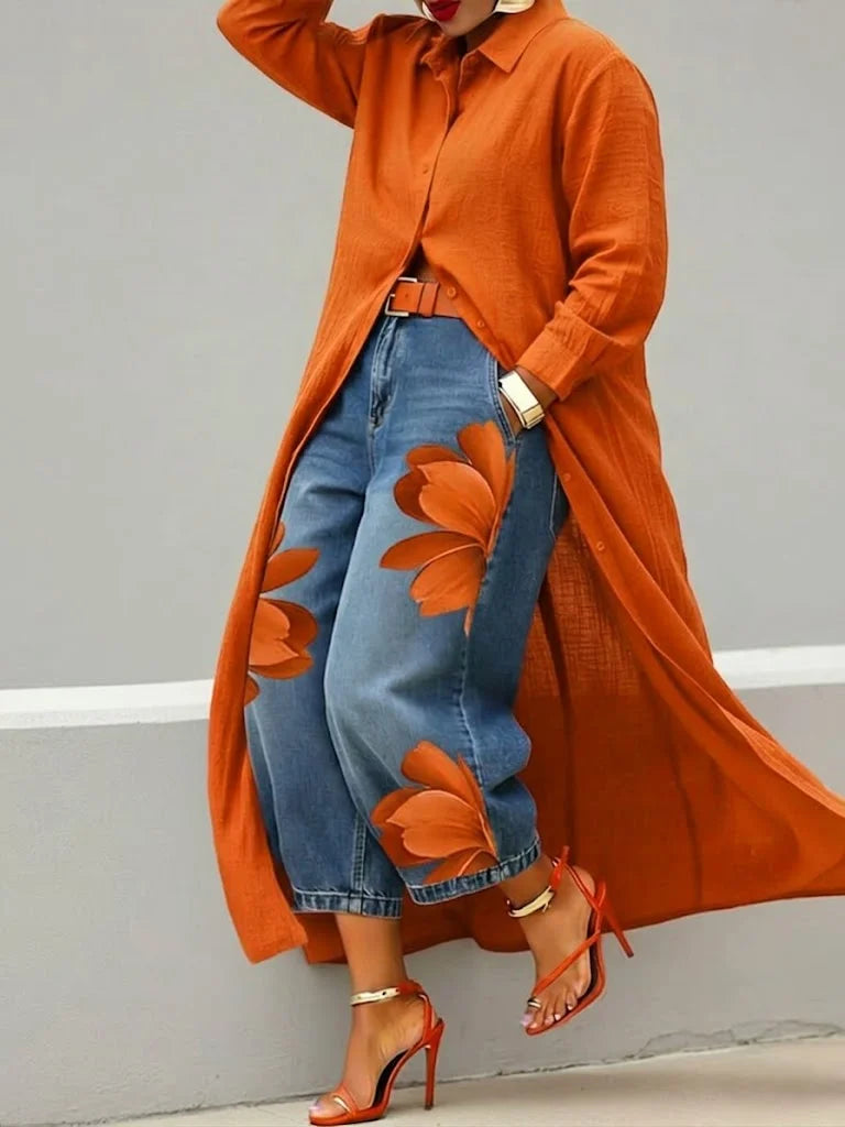 Maud | Linen Shirt Dress & Floral Jeans Set