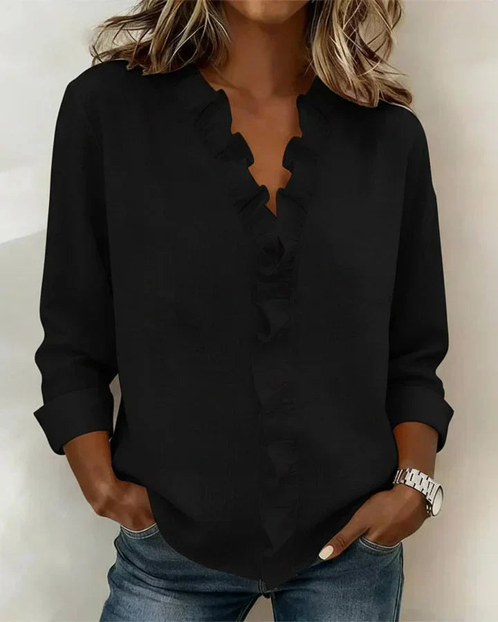 Charlotte – Ruffle V-Neck Blouse with Long Sleeves
