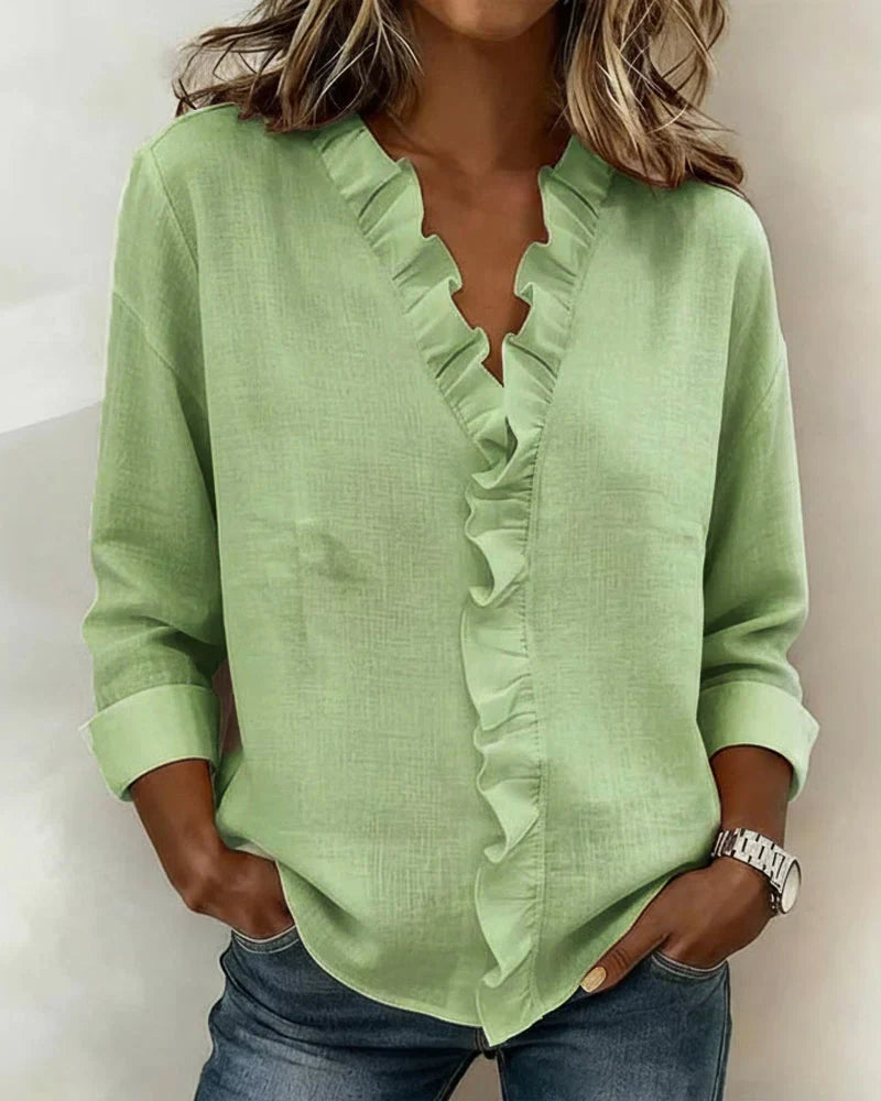 Charlotte – Ruffle V-Neck Blouse with Long Sleeves