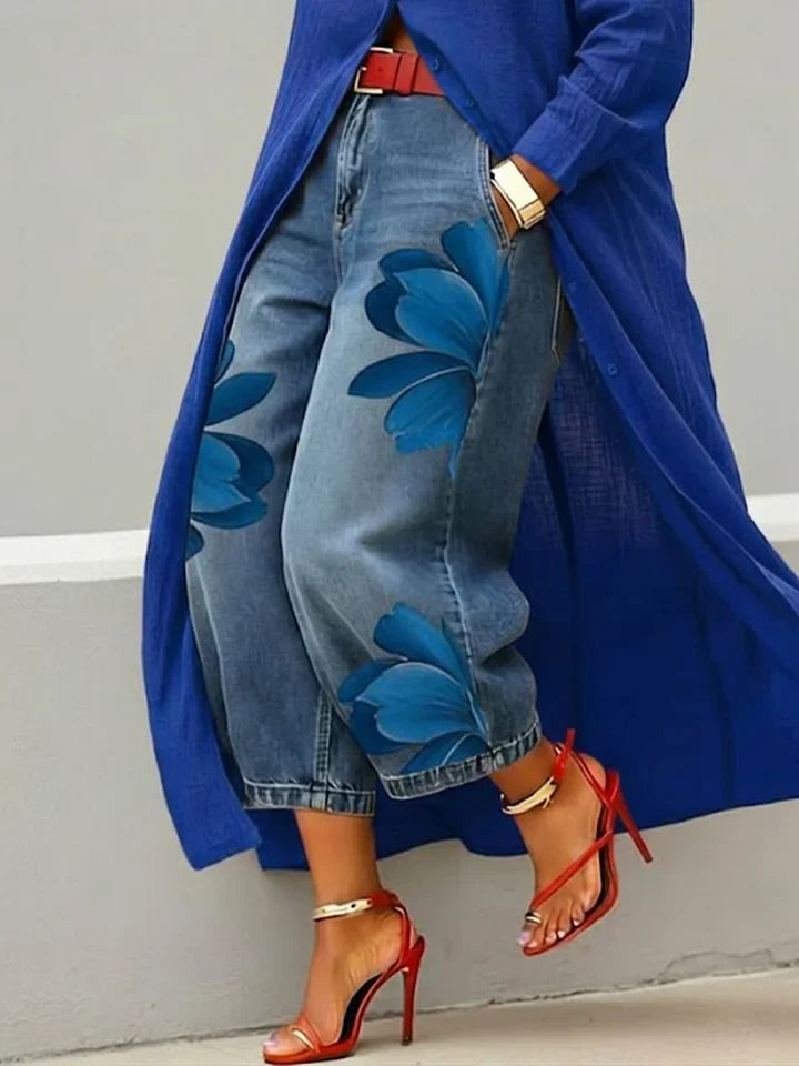 Maud | Linen Shirt Dress & Floral Jeans Set