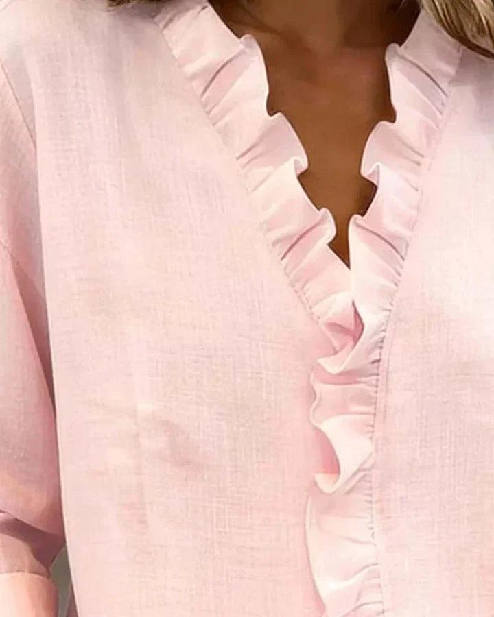 Charlotte – Ruffle V-Neck Blouse with Long Sleeves