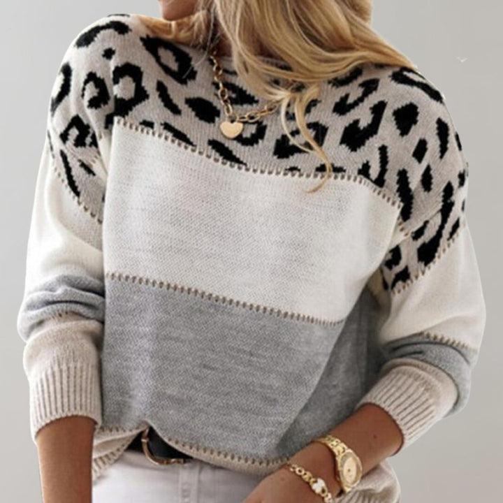 Viola | Women's Soft Knit Sweater with Color Block and Leopard Print
