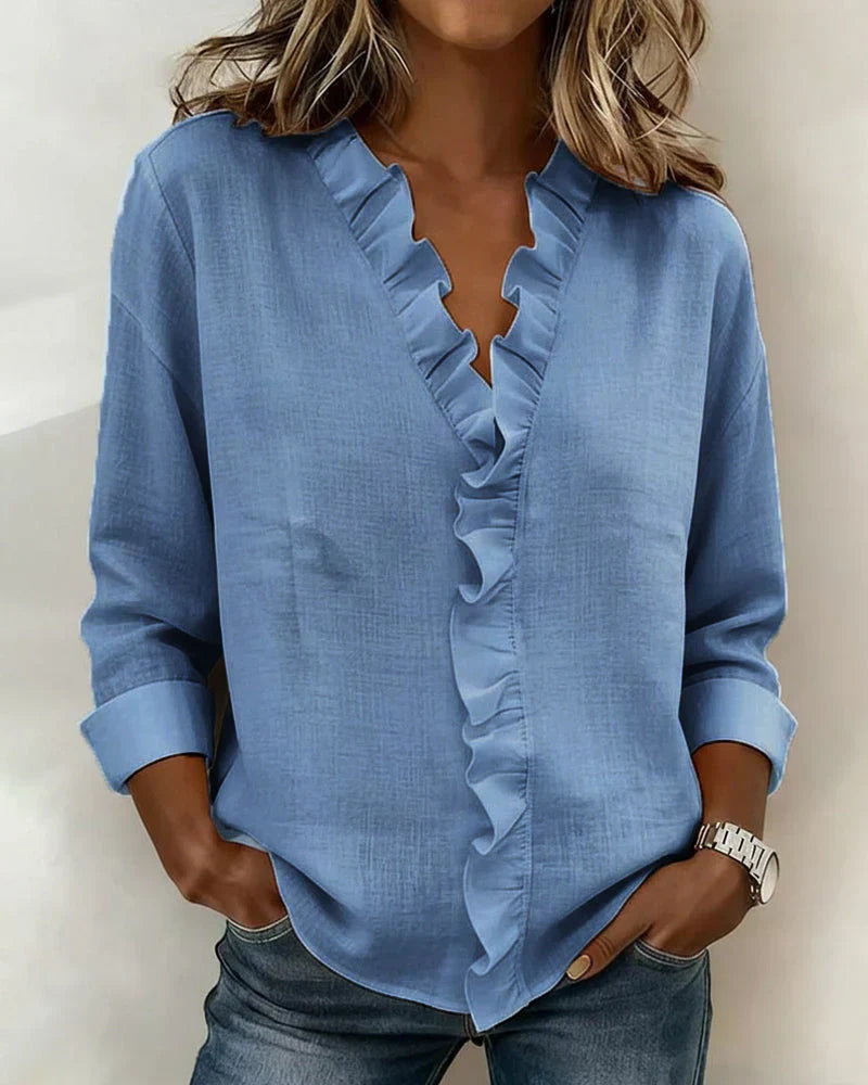 Charlotte – Ruffle V-Neck Blouse with Long Sleeves
