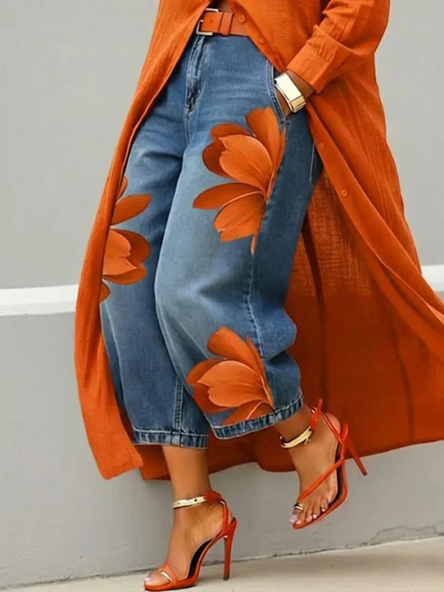 Maud | Linen Shirt Dress & Floral Jeans Set