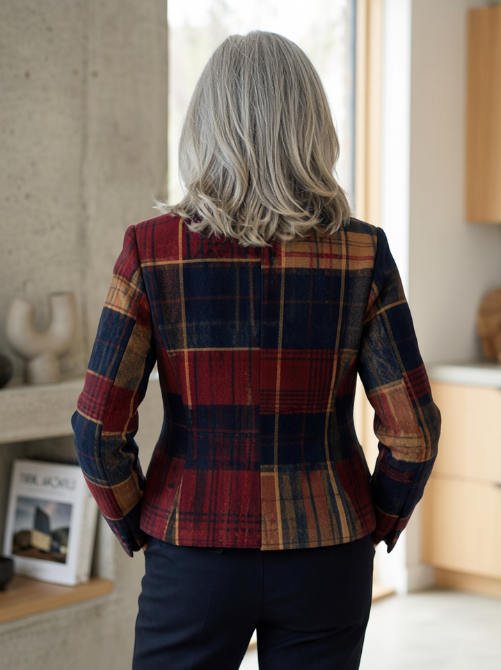 Natalie – Mid-Season Plaid Coat Featuring a Stand Collar